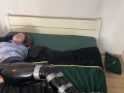 Office girl is tied up with duct tape and try to escape