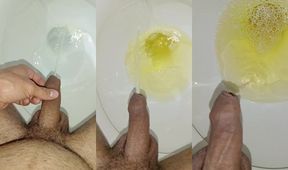 Desperate golden shower in public bathroom almost caught cumming closeup