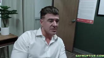 JJ Knight and Jim Fitt have hardcore bareback anal sex in office bathroom