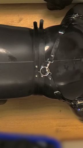Latex Chastity Cage Sissy on Sex Machine Pillory, Dildo and ESTIM Part 3   Clip 2