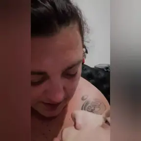 Happy smiling BBW wife jerks hubby's cock with her big natural boobs