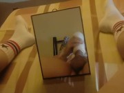 Handjob teasing in front of mirror with white socks 应粉丝要求穿白袜子自慰