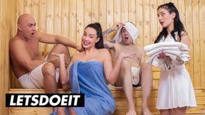 Dirty cheating wife's sauna tryst, nasty sex acts with strangers