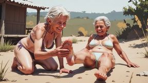 Two Skinny 90 Year Old Grannies - One Licks The Other's Feet In Humiliation
