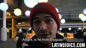 Inked straight Latino bareback before black stud facial