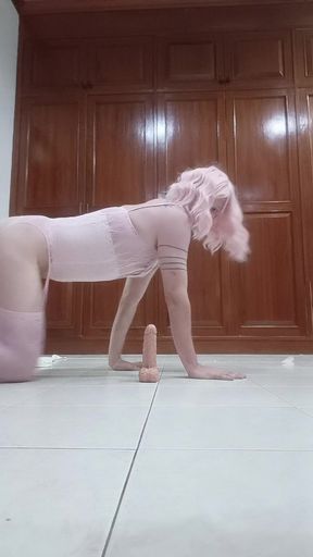 white ladyboy crossdresser sissy riding a dildo