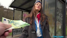 Brunette flight attendant with bold charm mesmerizes in a public thrill