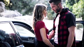 ”Stranded blonde MILF hitchhikes & fucks huge cock stud outdoors”