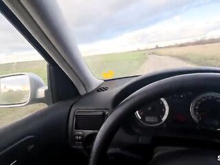 German Blond Hitchhiker Pick up and Get Risky POV Outdoor Screw in Car
