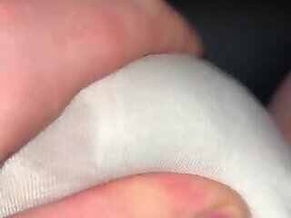 Closeup masturbating my big uncut cock and cumming in my panties