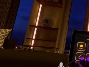 Rex in full latex suit jerks off in VRChat on couch.