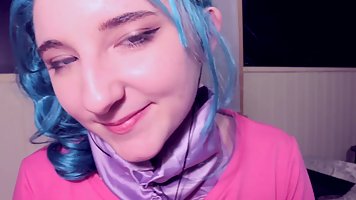 Blue haired honey, Bulma Aftyn Rose is playing with her tits in front of the camera