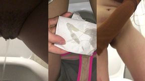 девушка писает в общественных туалетах, показывает грязные трусики и слизь во время овуляции. мокрая писька!