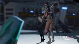 Watch this stunning babe in a spacesuit destroy an alien with her hot body and big tits