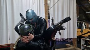 Strapon fucking my slut in attic with latex mask ON