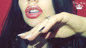 Red lips with golden glitter