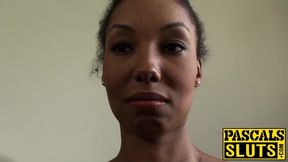 Ebony chick gags on fat cock and rides it like a slut