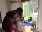 Big fake tits crossdresser doing arts and crafts in front of open window