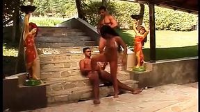 Dirty stairs affair: tattooed temptress ravaged by dual studs' raging erections