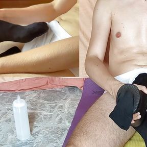 Silicone sockjob with black sheer socks with my underwear soaked in lube