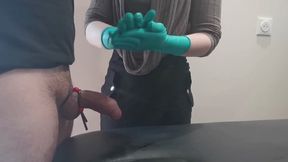Surgical green gloves handjob