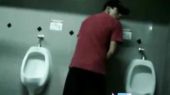Twink Strokes Big Cock and Cums in Public Restroom