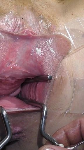 Far Spread Pussy Even Further Open and with Dildo Working Close up, Looking Inside and Squirt