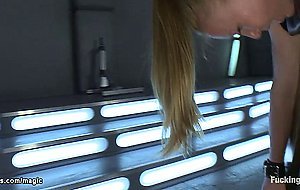 Strapped blonde pussy machine fucked