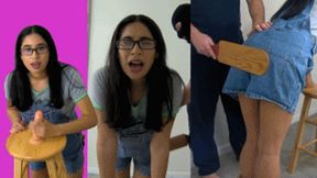 eRica gets caught messing with a dildo! She gets spanked & paddled in her overalls as punishment!