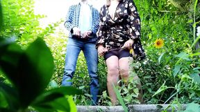 Joint masturbation in the woods and cum on hot milfs thighs