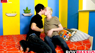 Young skinny gay lovers suck dick before anal fuck fest