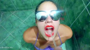 toilet public , public pool drinking pee , swallow piss , cum face slut and happy