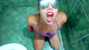 toilet public , public pool drinking pee , swallow piss , cum face slut and happy