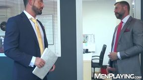 Hung Bulrog buries his massive cock deep into suited hunk Logan Moore