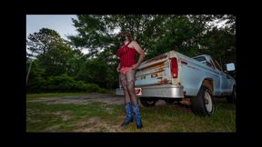 Jon Scarecrow Big Fake tits Crossdresser in Snug Plaid Dress and Cow Girl Boots Outside