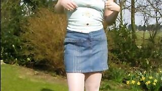 Haley Flashing inside Denim Miniskirt and tights