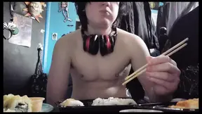 Chubby Tranny Eating Sushi