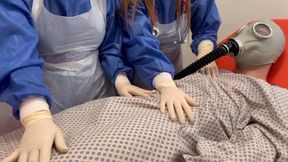 Miss Nastya and Camille test our their new "clinical" bed by teasing their slave with short and gynecological latex gloves