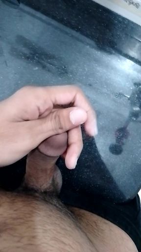 Semi hard cock in the bathroom