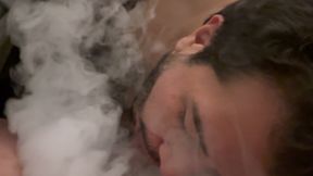 gay bear blows huge clouds on his friend's cock