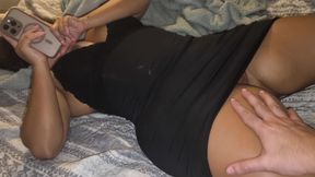 Stepmom chats with her ex while she gets penetrated