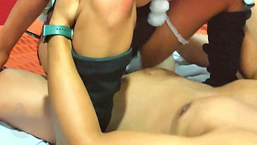 Busty brunette dominated and fucked by two cocks