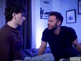 Stepdad directs his stepdaughters gf Liz Jordan to his stepsons bedroom.They anal bang whilst his stepdad gets sucked off by some other gf Hailey Rose