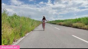 Jeny Smith masturbates her pussy on a public road during a live show