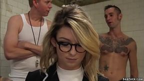 Hot blonde journalist Aspen Ora is dominated and a dirty locker room by group of football players and anal gang bang and double penetration fucked by their big dicks