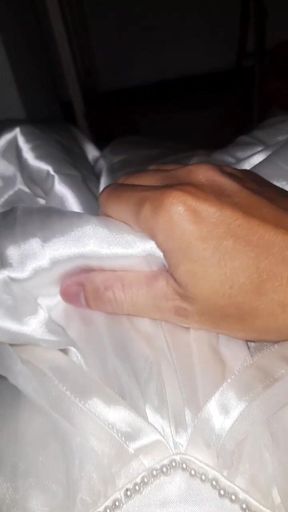 Cum Flows on Satin Wedding Dress