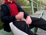 handsome boy masturbates his big dick in the stadium. Extreme
