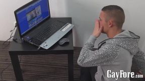 Handsome twink masturbates solo while watching porn