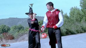 Halloween threesome in the woods with busty spanish milf Gina Snake