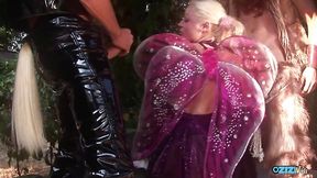 Two dudes in gear join a hot blonde MILF for wild outdoor sex session